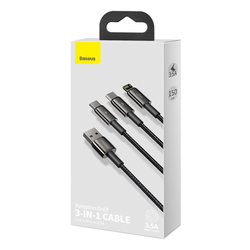 Kabel USB 3v1 Baseus Tungsten Gold, USB na micro USB / USB-C / Lightning, 3,5 A, 1,5 m (černý)