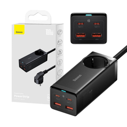 Baseus GaN3 Pro nástěnná nabíječka / napájecí pásek 2xUSB + 2xUSB-C + AC, 100 W (černá)