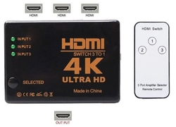 HDMI přepínač 3x HDMI 4K UH-301 s ovladačem, přijímač IR na kabelu
