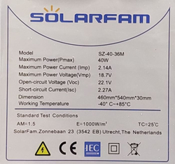Fotovoltaický solární panel 12V/40W, SZ-40-36M, 540x460x30mm