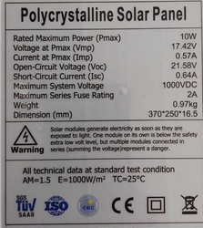 Fotovoltaický solární panel 12V/10W polykrystalický 370x250x17mm