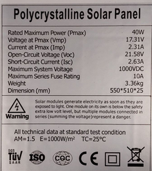 Fotovoltaický solární panel 12V/40W polykrystalický 550x510x25mm