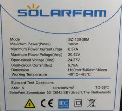 Fotovoltaický solární panel 12V/130W, SZ-130-36M, 1160x540x30mm