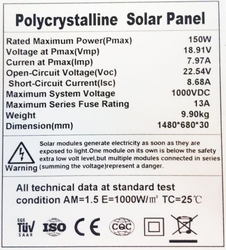 Fotovoltaický solární panel 12V/150W polykrystalický 1480x680x30mm
