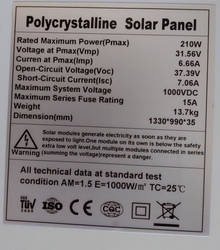 Fotovoltaický solární panel 24V/210W polykrystalický 1330x990x35mm