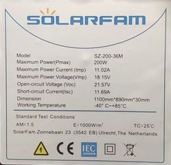 Fotovoltaický solární panel 12V/200W, SZ-200-36M,1100x890x30mm