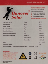 Fotovoltaický solární panel Hannoversolar 420W HS420M-54-18X, SVT kód