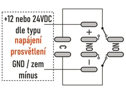 Tlačítko A16-11SY, ON-(ON) 1pól. 250V/3A, červené prosvětlení 12V
