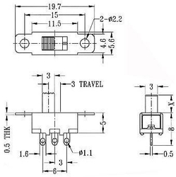 Přepínač posuvný SS-12F15, ON-ON 1pol.50V/0,5A