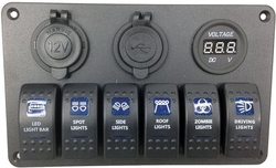 Panel PN-L6S3 se 6 vypínači, napájecí zdířkou, 2x USB a V-metrem