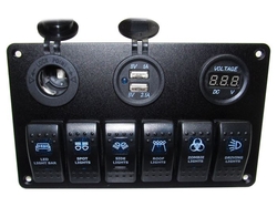 Panel PN-L6S3 se 6 vypínači, napájecí zdířkou, 2x USB a V-metrem