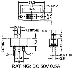 Přepínač posuvný SS-22F32, ON-ON 2pol.50V/0,5A