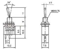 Vypínač páčkový MTS-101, ON-OFF 1pol.250V/3A otvor 6mm