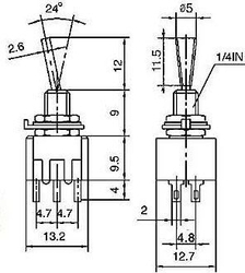 Přepínač páčkový MTS-202-F1, ON-ON, 2pol. 250V/3A