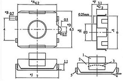 Mikrospínač SMD 6,5x6,5mm v=2,5mm