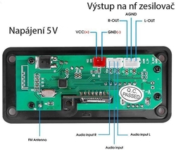 FM rádio, přehrávač MP3 s bluetooth 5.0, dálkové ovládání, napájení 5V