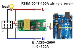 Měřič spotřeby PZEM-004T 80-260VAC 100A, nedělitelná měřící cívka