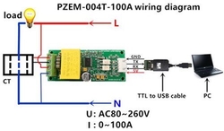 Měřič spotřeby PZEM-004T 80-260VAC 100A, pevná měřící cívka