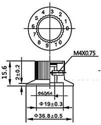 Přístrojový knoflík KN-139A 37x16mm, hřídel 6mm, stupnice 0-9