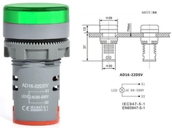 Voltmetr panelový AD16-22DSV, MP 60-500VAC, zelený