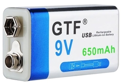 Nabíjecí baterie Li-ion 9V 650mAh 6F22, GTF, napájení USB