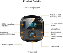 FM modulátor (transmitter), bluetooth, přehrávač MP3, nabíječka BT29