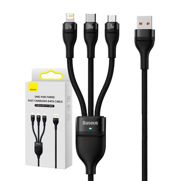 USB kabel 3v1 Baseus Flash Series, USB-C + micro USB + Lightning, 100W, 1,2 m (černý)